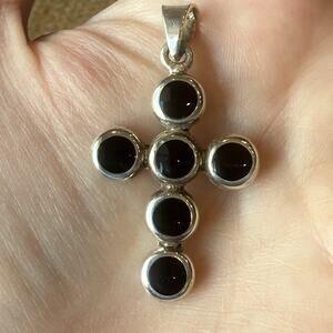 Vintage Signed Mexico Sterling Silver .925 Black Onyx Circles Cross Pendant 7g